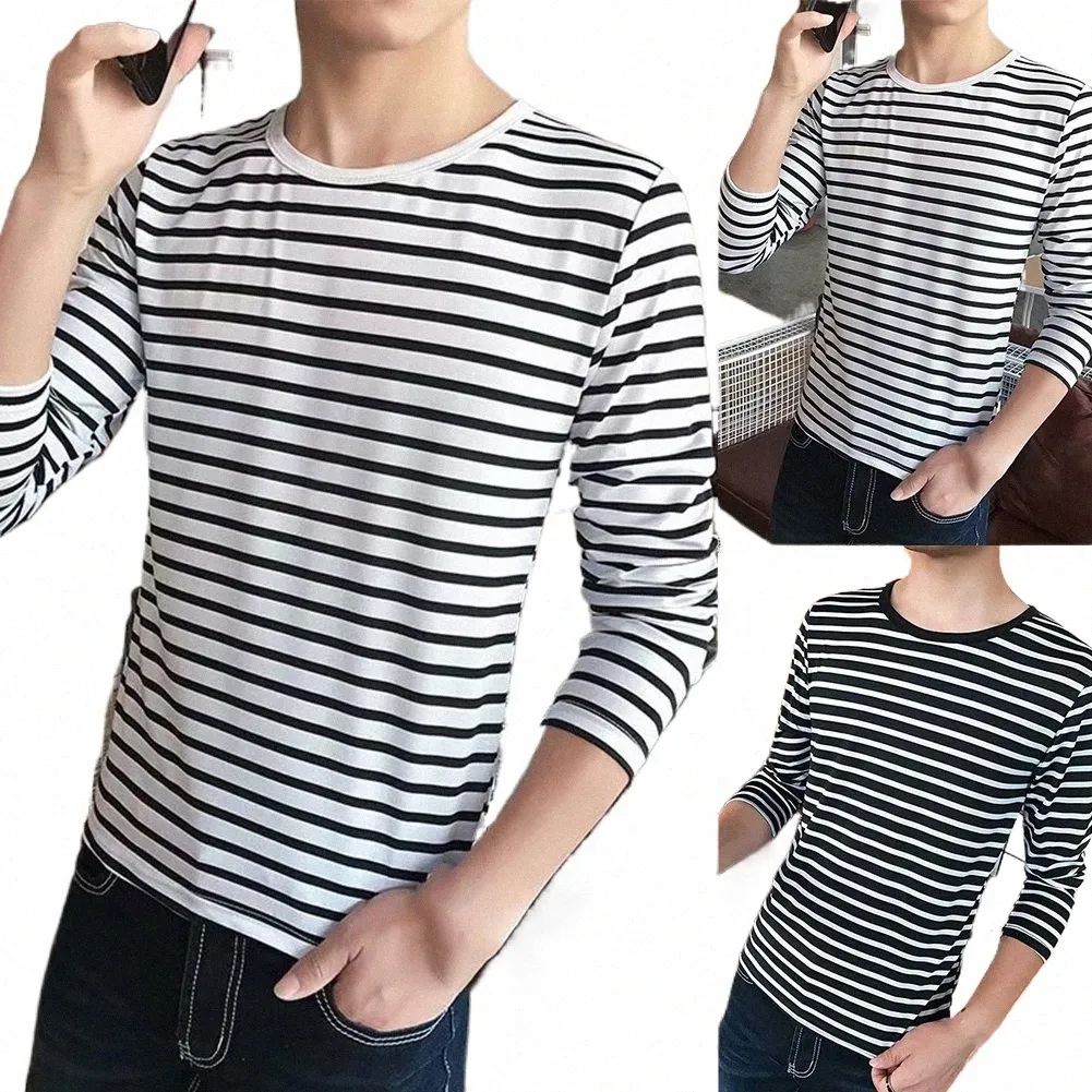 striped T-shirt Men Lg Sleeve Pullover Trendy Black White Striped Tops For Men Harajuku Casual Base Shirt Invisible Undershirt z5ma#