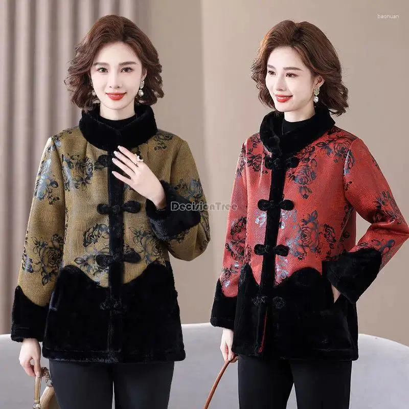 Ethnic Clothing 2024 Chinese Improved Retro Tang Suit Coat Long Sleeve Thick Button Fashion Winter Women's Cotton-padded Jacket W59