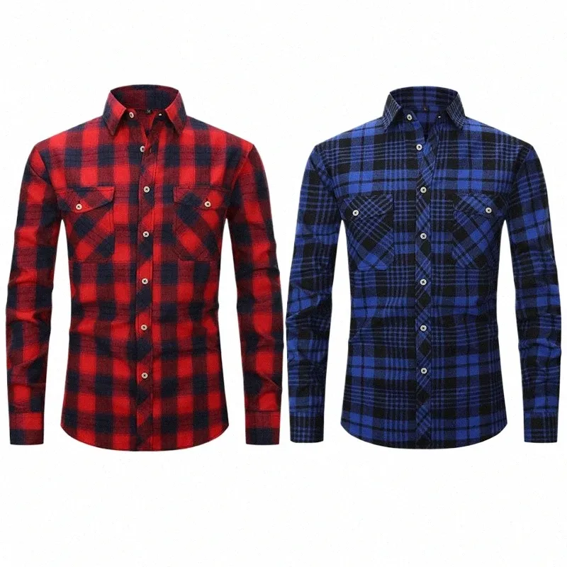 american size flannel autumn/winter lg-sleeved men's shirt Casual busin n-iring red plaid plus size social wear J96y#