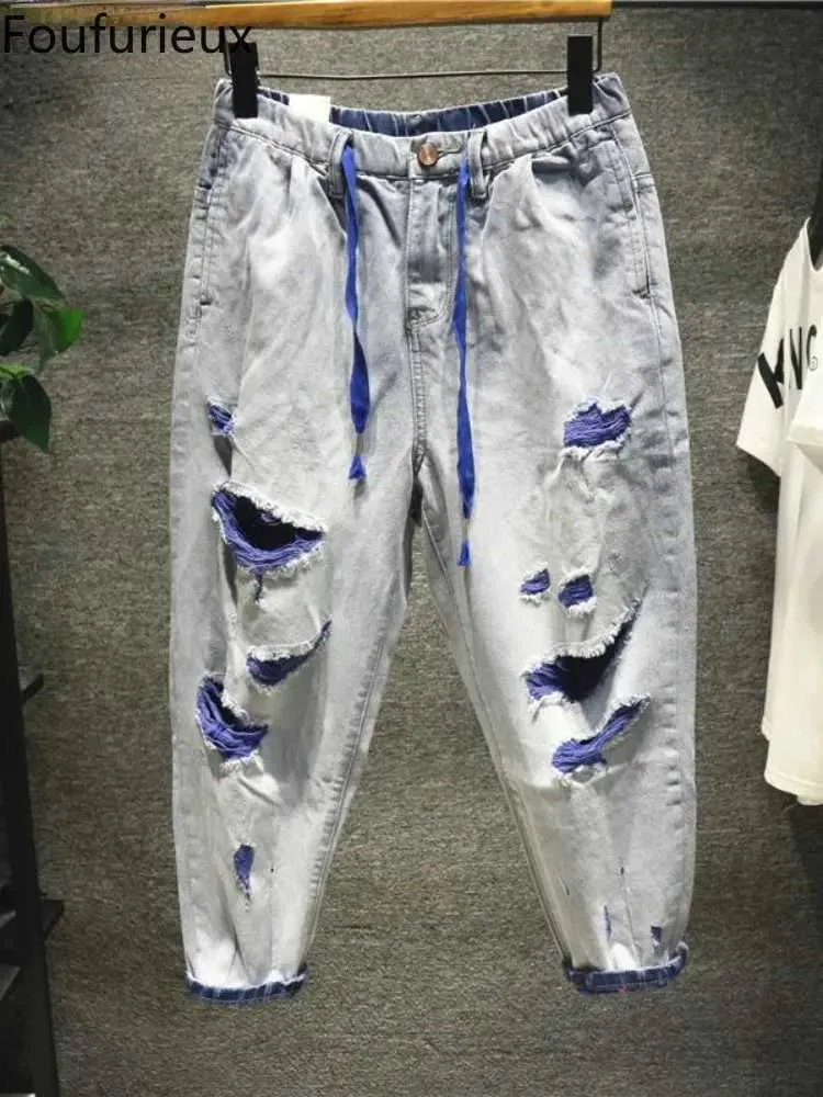 Herenjeans Foufurieux heren gescheurde jeans zomer hiphop haremjeans heren losse denim broek casual Koreaanse gewassen denim broek persoonlijkheid J240328
