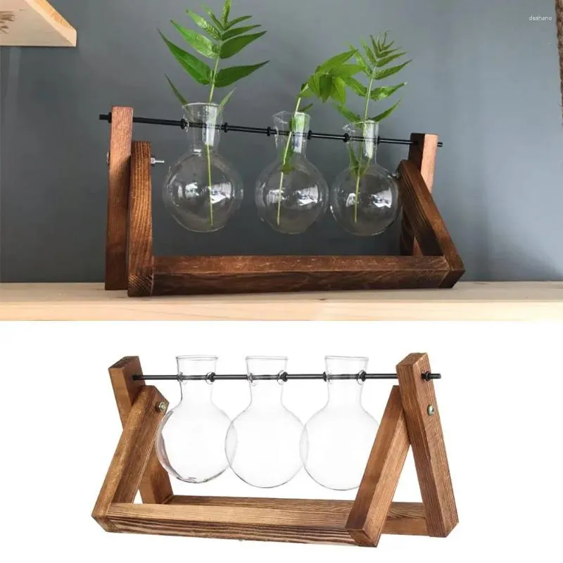 Vases Vintage Bonsai Terrarium Tabletop Glass Vase Hydroponic Plant Flower Pot Wooden Frame