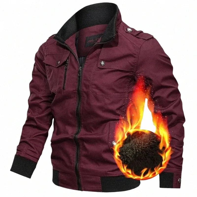 Männer Bomber Jacken Winter Tooling Jacken Militär Multi-Pocket Mäntel Chaquetas Männlich Fleece Cott Stehkragen Casual Mäntel a22g #