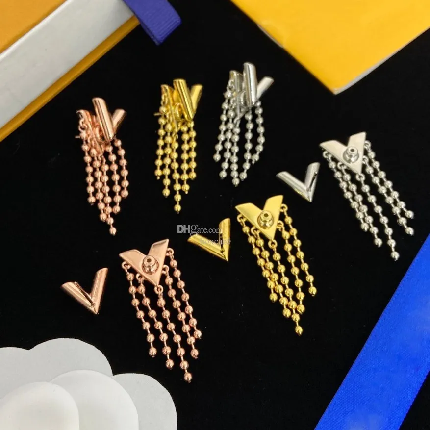 New Ladies v Earrings Charm Designer Letters Hoop Earring Studs Gold Eardrops women Metal Chain Tassel Danglers with Box213F