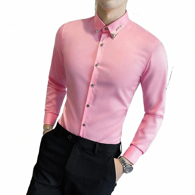 Plus la taille 7XL-S style coréen Slim Fit manches Lg chemise fine hommes printemps automne couleur unie Dr chemise mâle Busin chemise décontractée R6Hf #