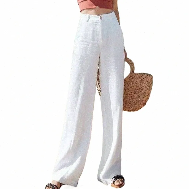 Lucieever Summer Cott Linen Pants Women Tase Zipper Białe szerokie nogi spodnie Kobieta swobodnie luźne proste spodni Kobieta i7th#