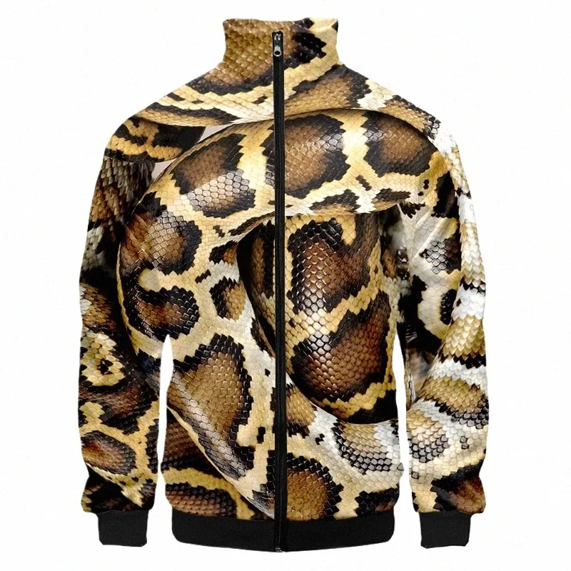 Horror Skin Snake 3D Print Jacket LG Sleeve Winter Jacket Stand Collar dragkedja Kläder Mäns stor storlek Casual Mönster Dropship L5SG#