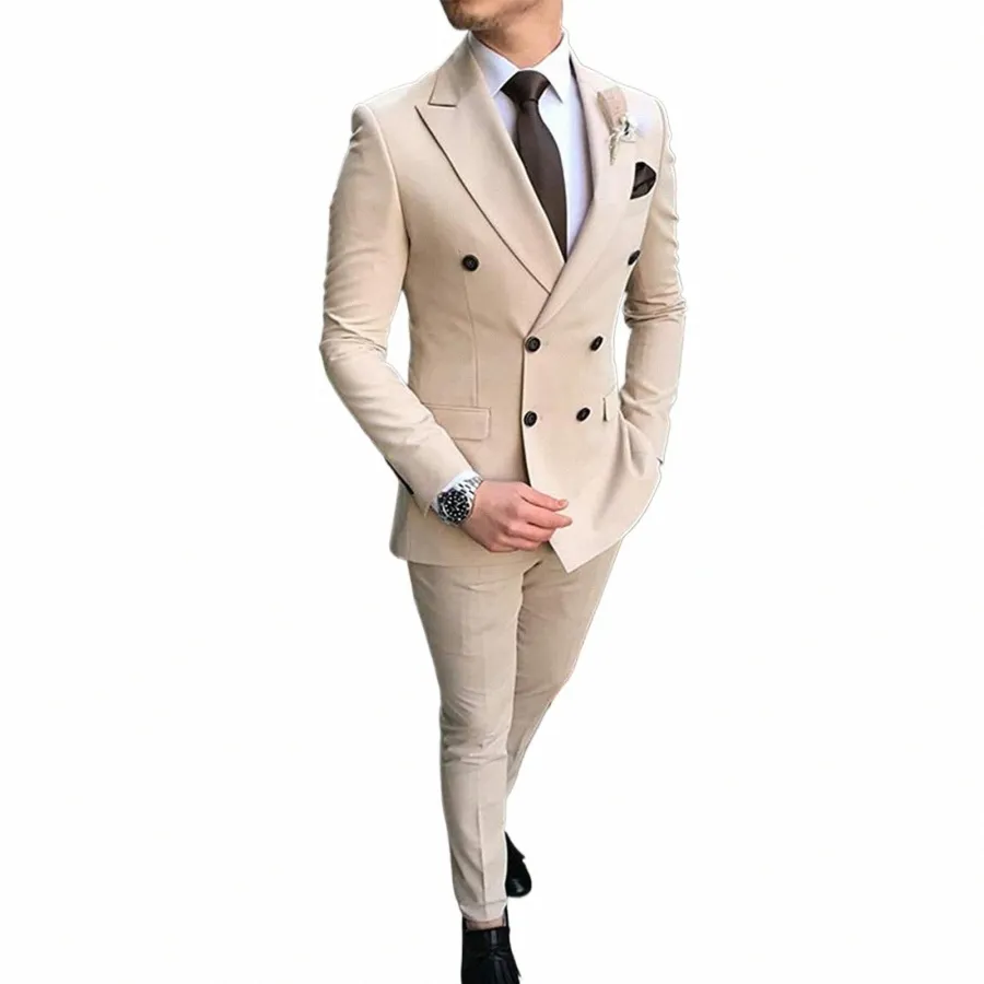 2024 Nuovo vestito da uomo beige 2 pezzi doppio petto tacca risvolto piatto slim fit smoking casual per la cerimonia nuziale giacca + pantaloni T8ag #
