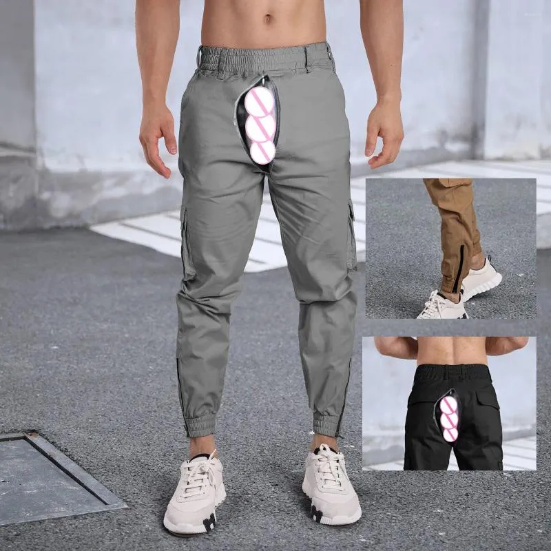 Calças masculinas outono invisível aberto sexo ao ar livre meados de cintura elástica macacão homens soltos de secagem rápida fitness sweatpants casual jogger