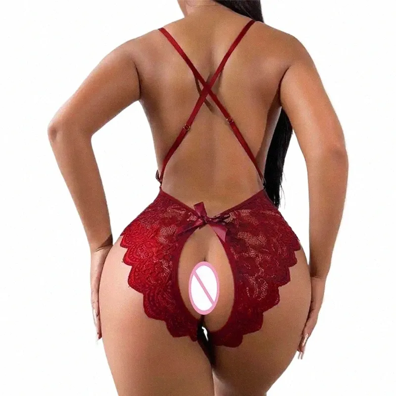 Sexy Crotchl Rouge Lingerie Femmes Dentelle Body Ouvert Entrejambe Tenues Érotiques Teddy Babydoll Dr Transparent Porno Sous-Vêtements Ensemble i5zN #