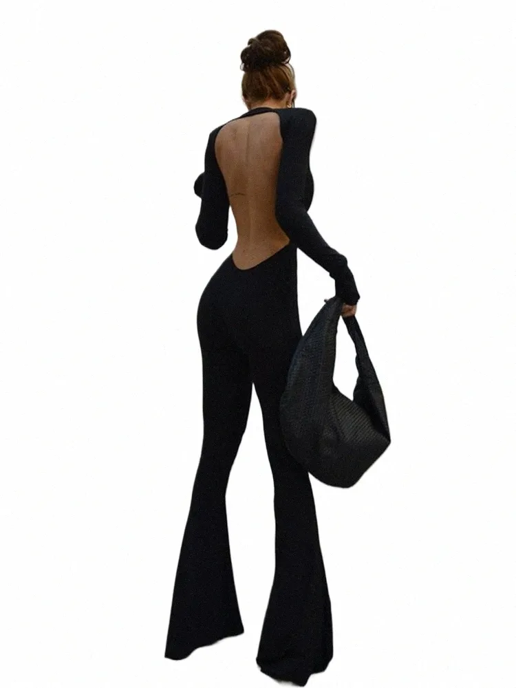 Cutenew Solid Black Sexy Backl Bodyc Wide Leg Комбинезон Женский Осенний Повседневный Тонкий LG с рукавами и круглым вырезом Комбинезон Lady Streetwear r2bx #