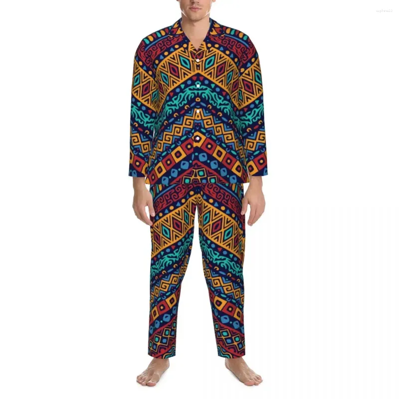 Casa roupas conjuntos de pijama tribal africano impressão vintage moda pijamas masculino manga longa casual noite 2 peças roupa de noite tamanho grande 2xl