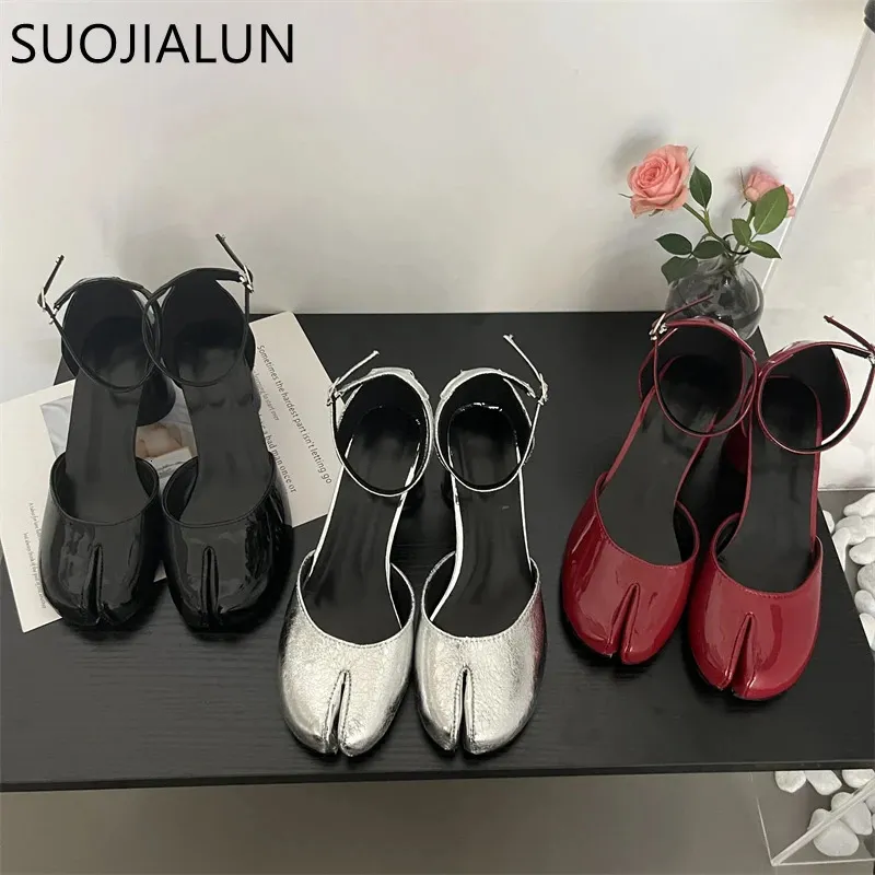 Suojialun 2023 Yaz Kadın Sandal Moda Bölünme Ayak Toe Sığ Bayanlar Slingback Ayakkabı Yuvarlak Med Toprak Elbise Pompaları 240322