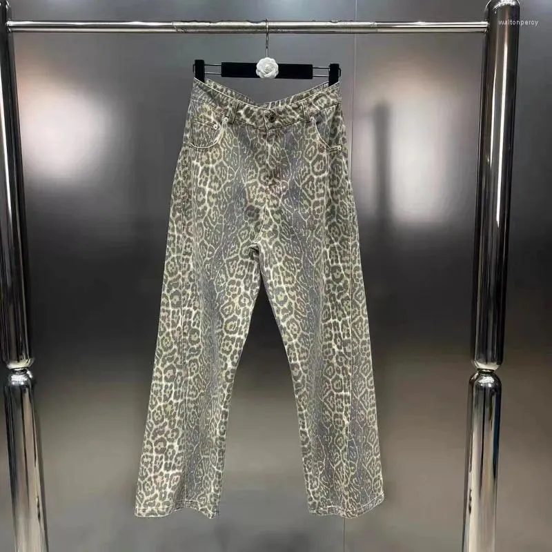 Damenjeans Distressed Washed Leopardenmuster Gerades Bein Modische Street Girl Hose mit weitem Bein Amerikanische Retro Y2k-Hose