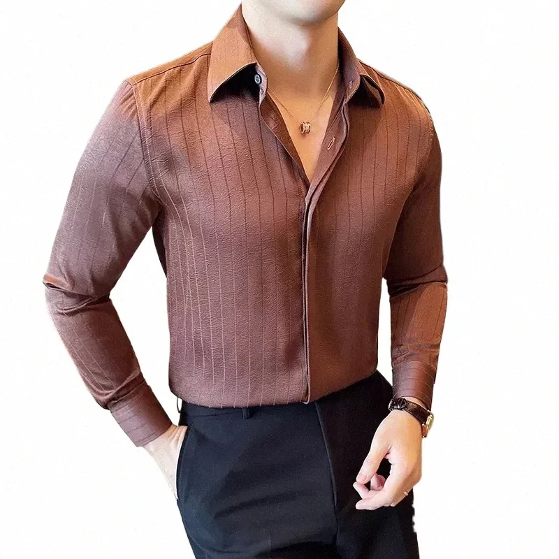 Camicie a righe coreane di lusso a pieghe per uomo di alta qualità manica Lg slim fit camicia casual formale smoking del partito sociale 4XL-M w54h #