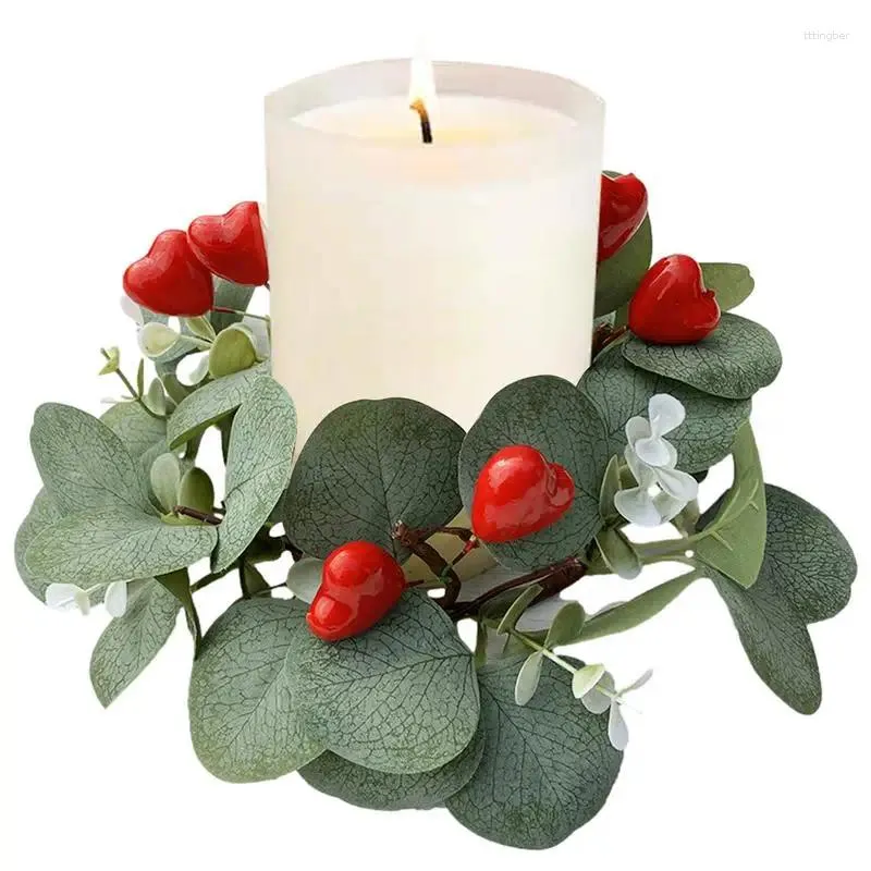Decorative Flowers Pillar Candle Wreath Artificial Eucalyptus Leaves Ring With Red Heart Reusable Mini For Seasonal Candles Wedding