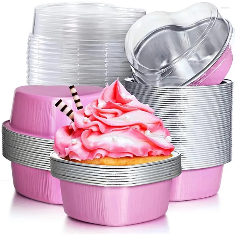 Outils de cuisson 50 pièces 55ml feuille d'aluminium tasse à pouding en aluminium avec couvercle en forme de coeur jetable Mini Mousse Cupcake conteneurs moule