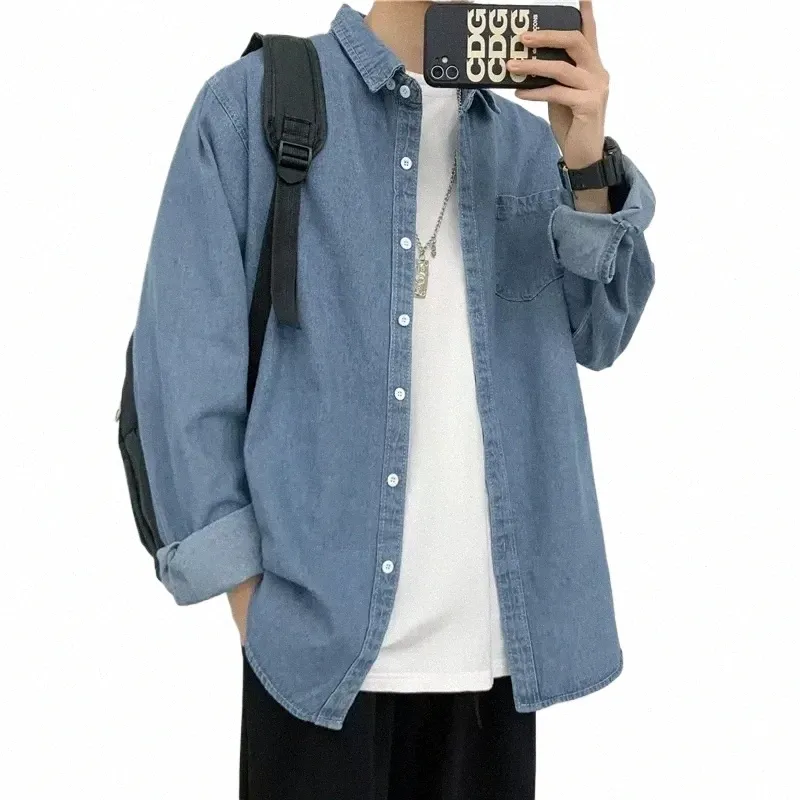 Chemise en jean pour hommes Fi Harajuku Lg manches Tops Printemps Automne Vintage Baggy Veste Tendance Streetwear Surdimensionné Vêtements pour hommes z5uR #