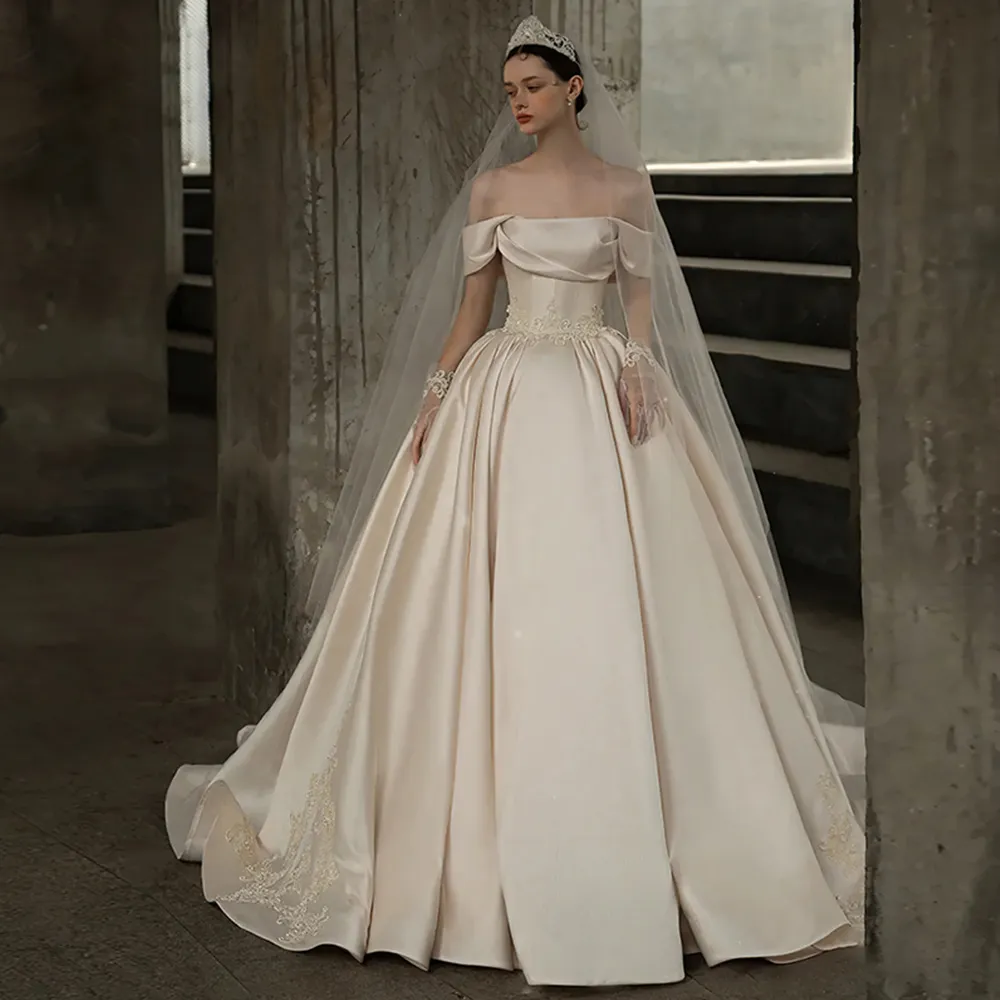 Elegant Off Shoulder Wedding Gown: Satin Ball Gown with Lace-Up Back ...