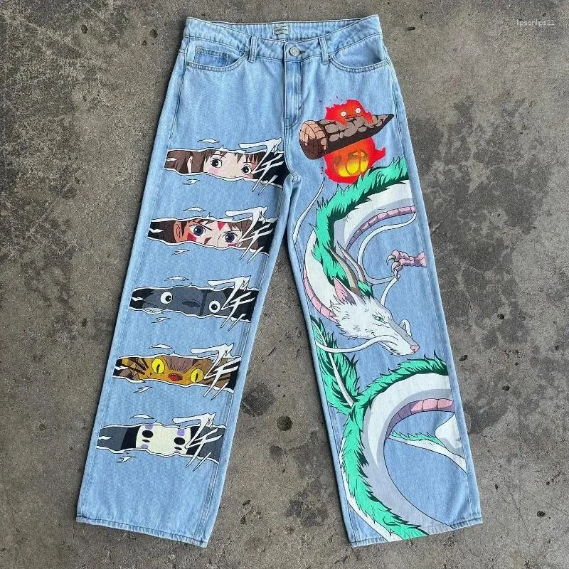 Pantaloni da uomo Harajuku Jeans Vintage Y2K Anime modello di stampa a vita alta gamba larga streetwear uomo donna moda estetica Baggy