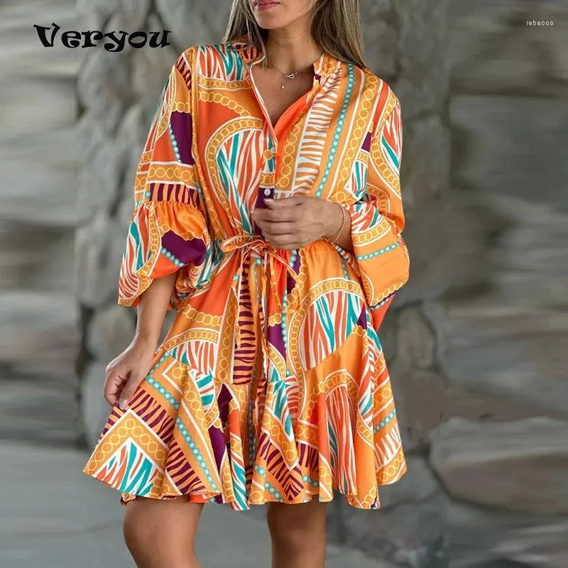 Casual Dresses Vintage Print for Women V Neck Lace Up Shirt Dress Fashion Mini Summer Party