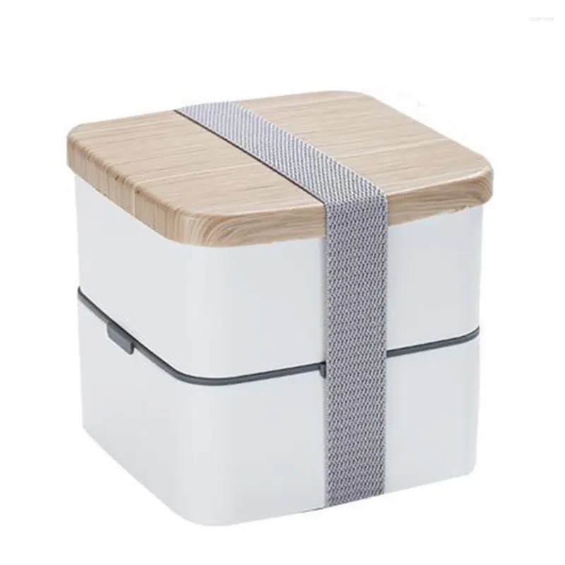 Stoviglie Bento Box in stile giapponese a doppio strato con cinturino in legno, pranzo quadrato, grande capacità, può essere scaldato al microonde