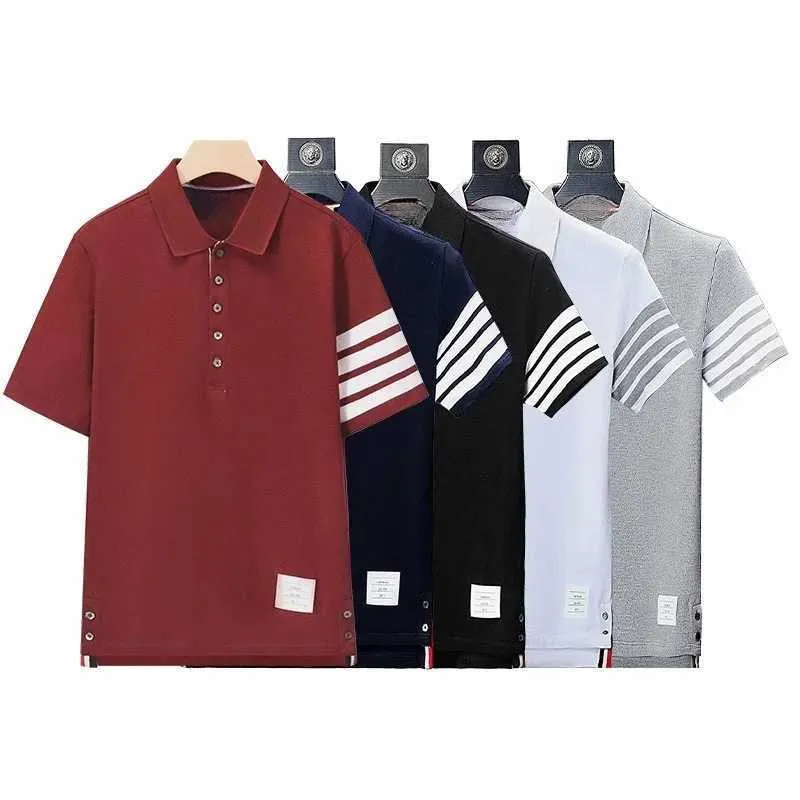 Men's T-Shirts Mens half sleeved four bar striped cotton lapel short sleeved T-shirt casual couple clothing J240322