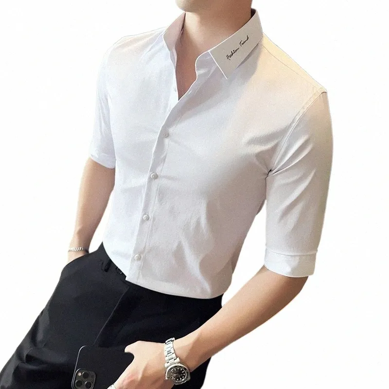 Mens 3/4 Sleeve Dress Shirt Slim Fit Business Casual Top