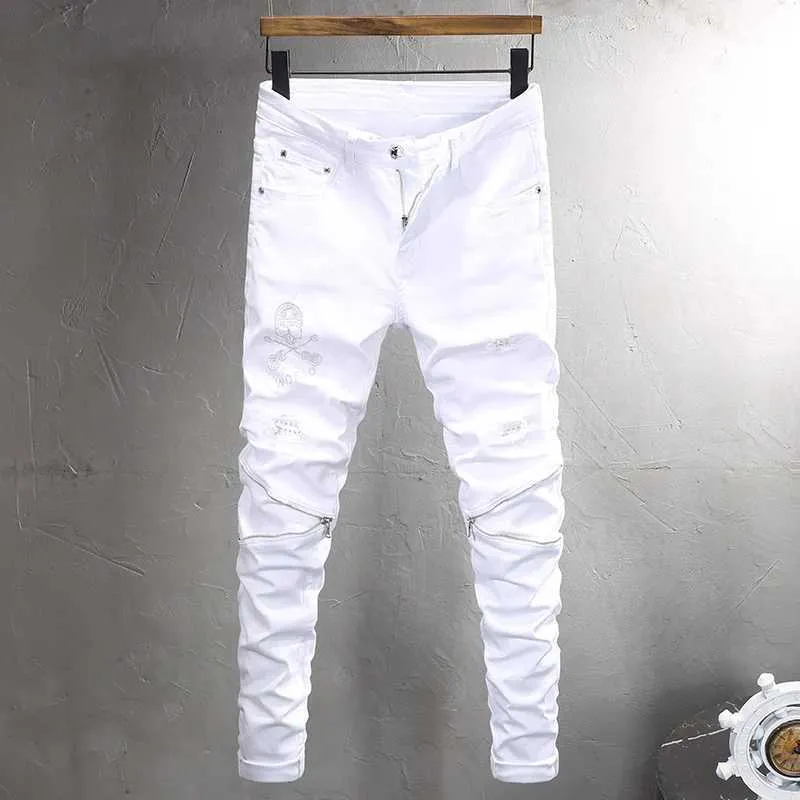 Męskie dżinsowe mody masy dżinsy białe elastyczne ciasne otwarte jeansy dżinsy męskie projektant czaszki zamek błyskawiczny Hip Hop punk