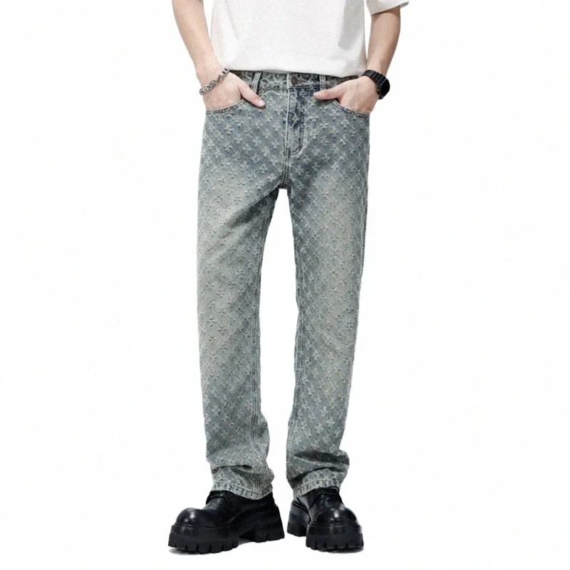 latest Design Pattern Jacquard Jeans Loosen Hollow-out Men's Pants Full Length Denim Clothing 33dp#