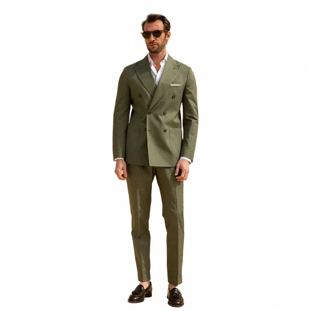 Army Green garnitury dla mężczyzn Fi Peak Lapel Dwułożynowe 2 -częściowe Busin Casual Office Blazer Sets