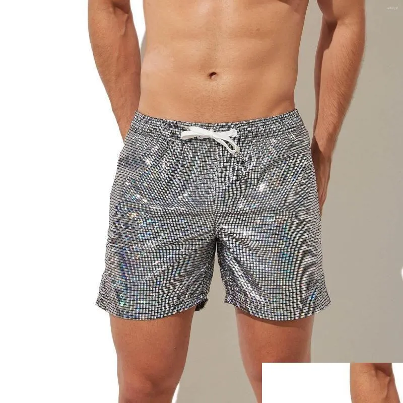 Mens Shorts Trend Breathable Shiny Metallic Print Loose Beach Pants Dstring Casual Sweatpants Drop Delivery Apparel Clothing Otehv