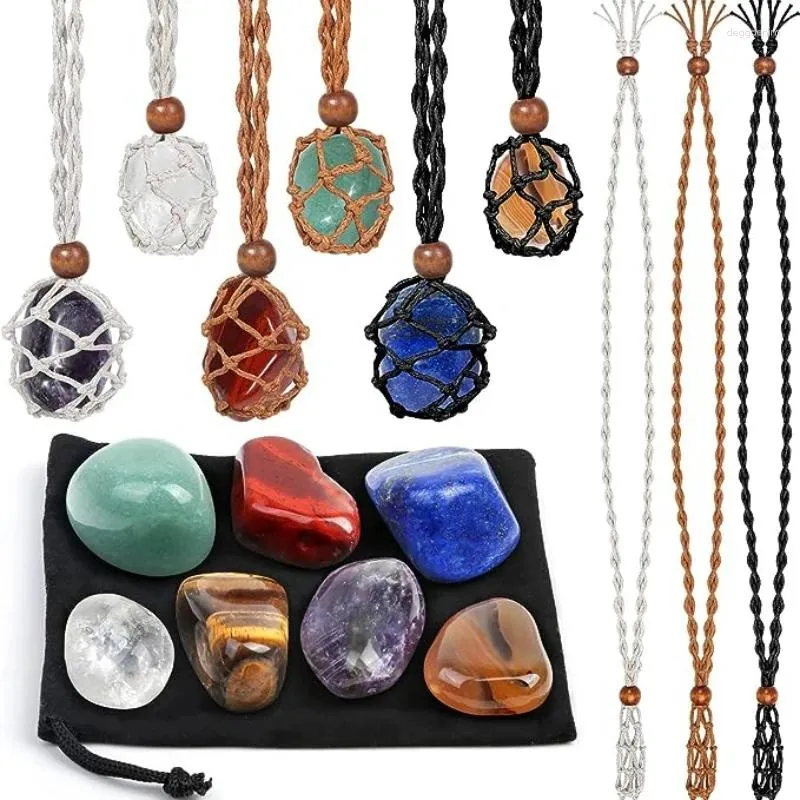 Collares colgantes Collar ajustable Cordón Soporte de piedra vacía Cuerda de cera DIY Cristal de cuarzo natural Chakra Bolsa de red curativa