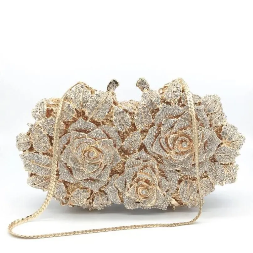 Sacs de soirée Éblouissant Femmes Or Rose Fleur Creux Out Cristal Embrayages En Métal Petit Sac À Main Bourse De Mariage Pochette Diamond2140