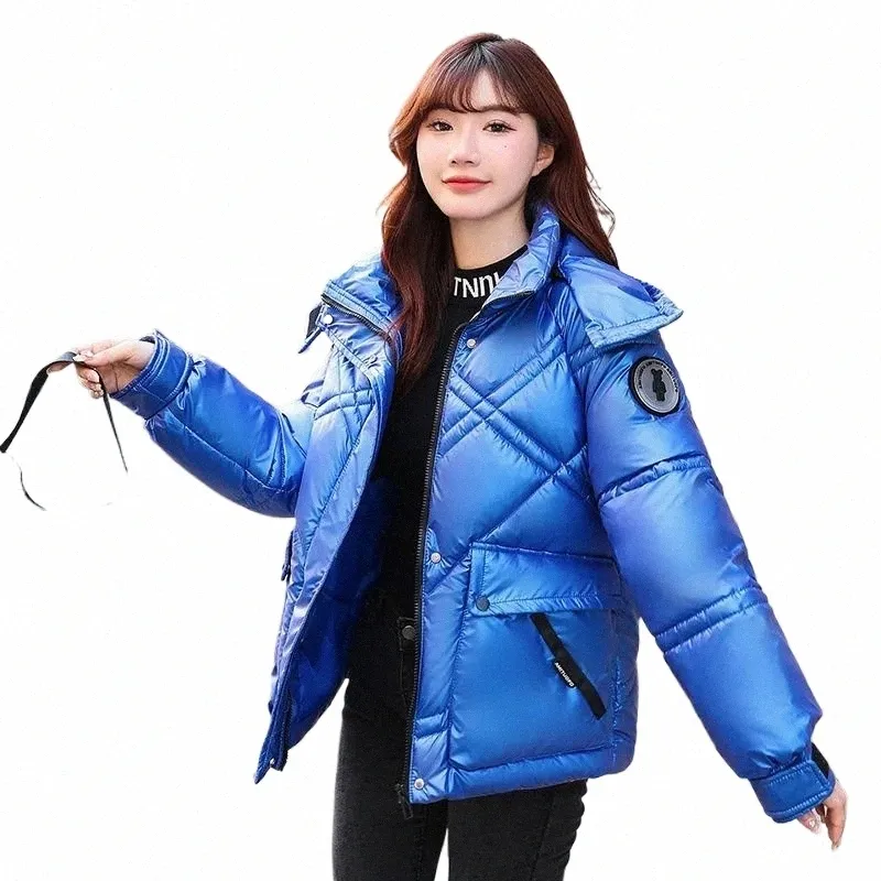 new Winter Glossy Wable Down Cott Jacket Women's Waterproof Tops Hooded Coat Parka Snowsuit Zipper Outerwear Female Clothes 54Kn#