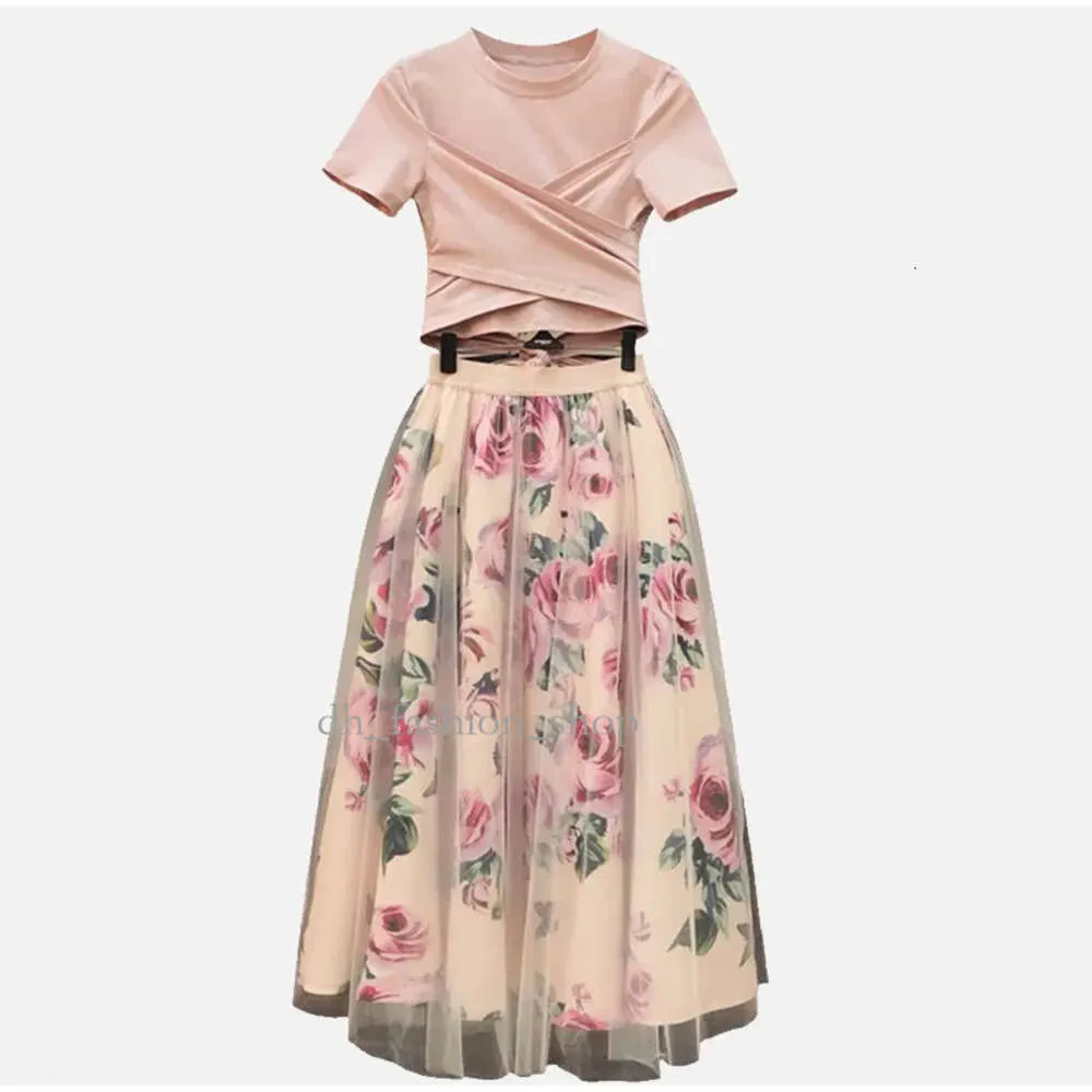 Floral Print Women T Shirt+mesh Skirt Suits Bowknot Vintage Two Piece Sets Elegant Woman Skirt 2019 Summer Girl Tees Tops Female 807