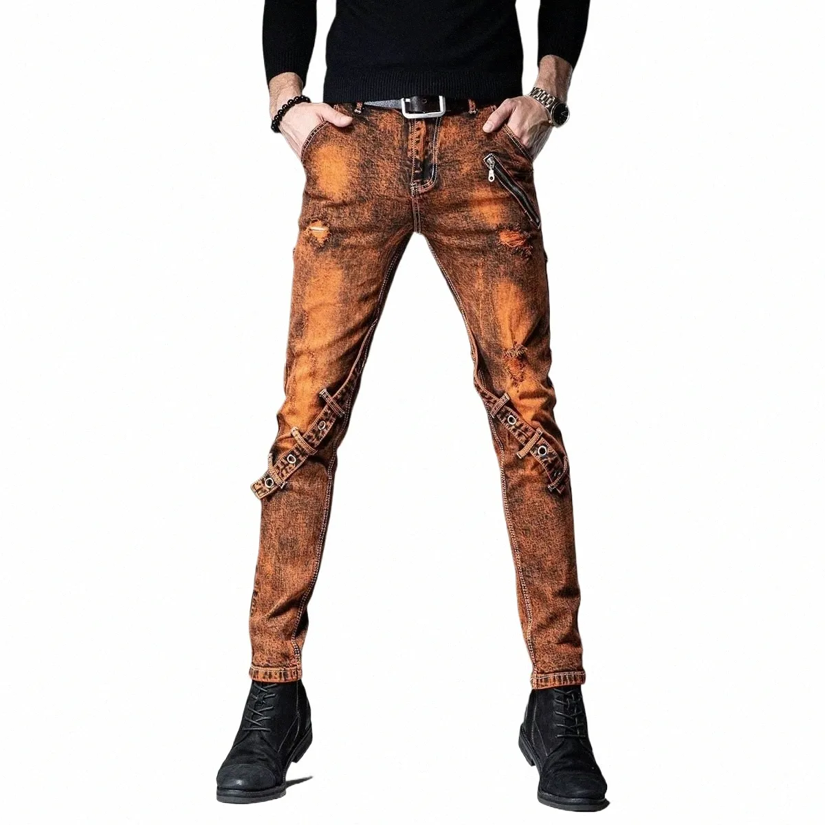 jeans estilo fi europeu e americano masculino nostálgico emenda slim, pés pequenos calças de remendo persalizadas jeans rasgados 51Kz #