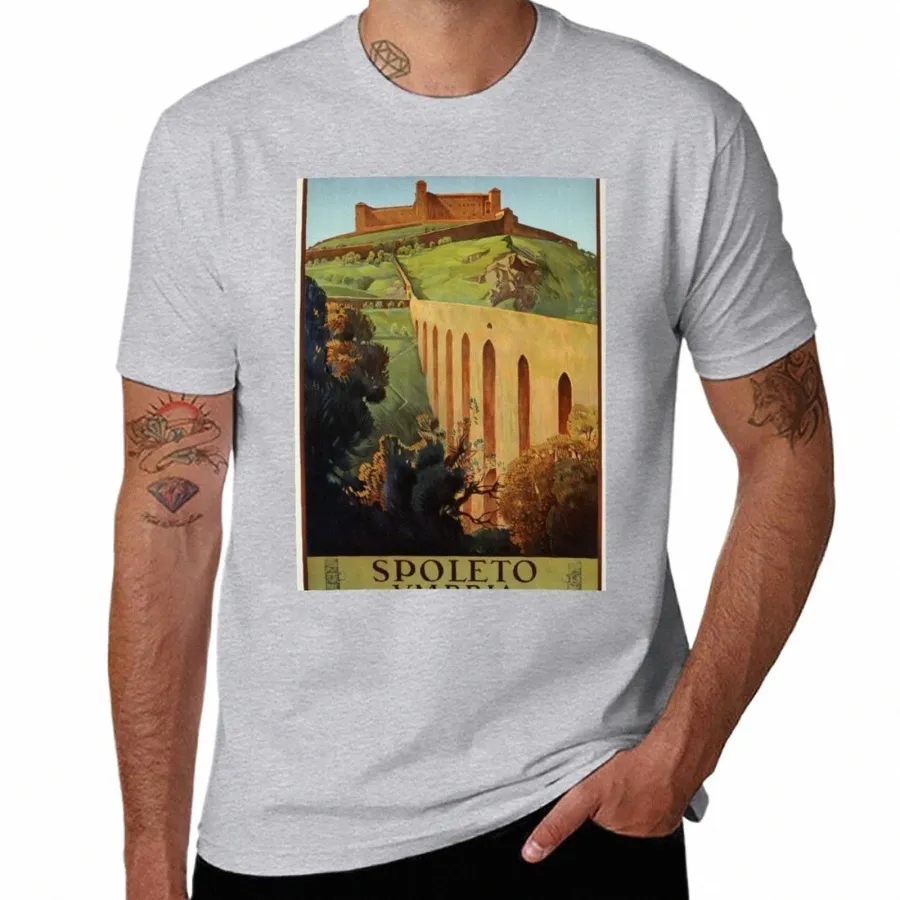 Yeni Vintage Spoleto Umbria 1920'ler İtalyan Seyahat Reklam T-Shirt Sade T-Shirt Sevimli Üstler Düz Beyaz Tişörtler Erkekler 59ao#