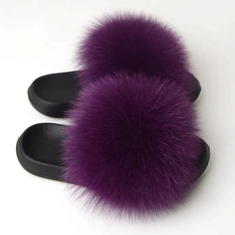 Slippers Real fox fur slider and fluffy indoor womens flip beach shoes summer sandals free shipping H240328V0YR