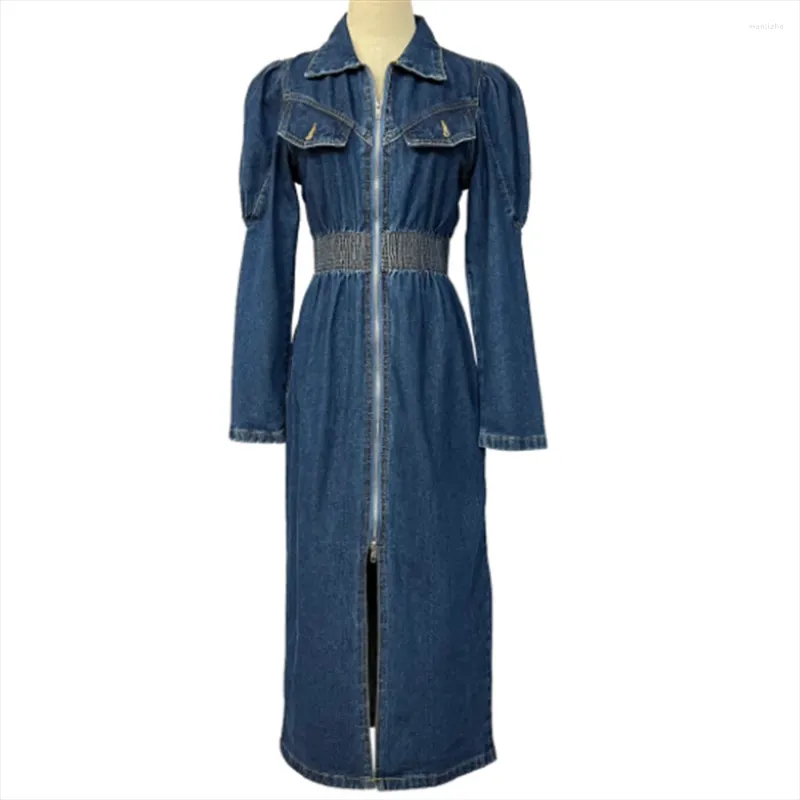 Casual Dresses Jeans Trench Coat Fashion Women Dress 2024 Spring Lapel Loose Elastic Waist Long Denim