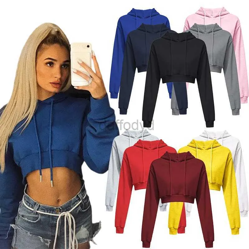 Women's Hoodies Sweatshirts Womens brand solid color short hooded Sweatshirt spring autumn winter cotton pullover navel exposed sweater (S-2XL) 24328