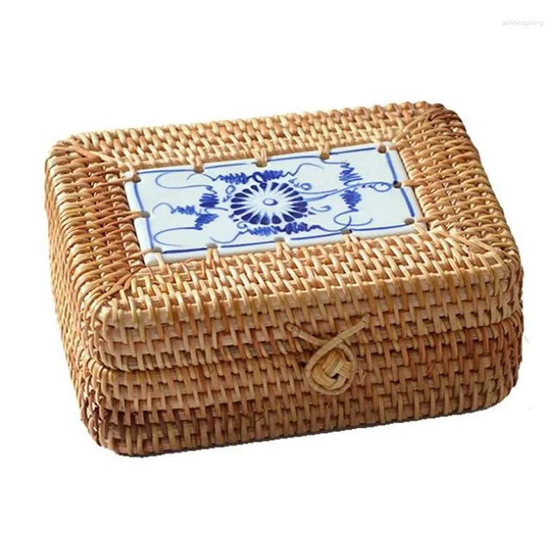 Jóias malotes rattan tecido caixa de armazenamento com tampa caixas artesanais organizador de maquiagem de madeira para artigos diversos caixa de chá recipientes presente