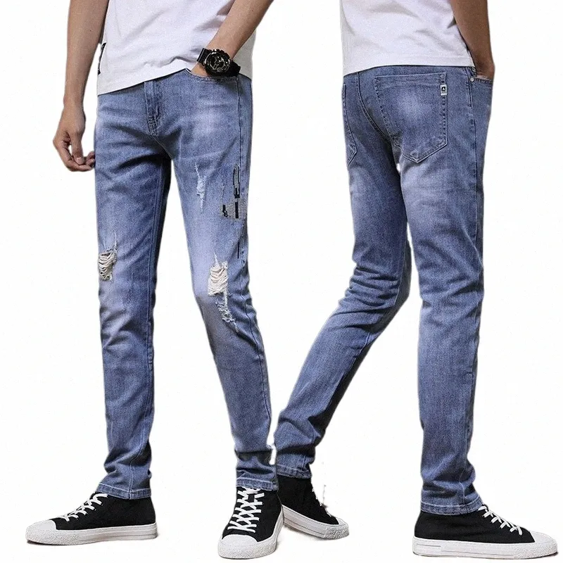 2024 primavera/verão nova tendência fi rasgado jeans masculino casual fino confortável respirável estiramento de alta qualidade calças pé pequeno y3Am #