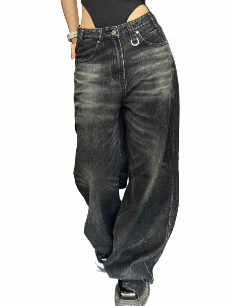Houzhou Vintage Nero Gamba Larga Jeans Donna Oversize High Street Coreano Fi Baggy Pantaloni in Denim Grunge Y2K Femminile Hip Hop x0Zk #