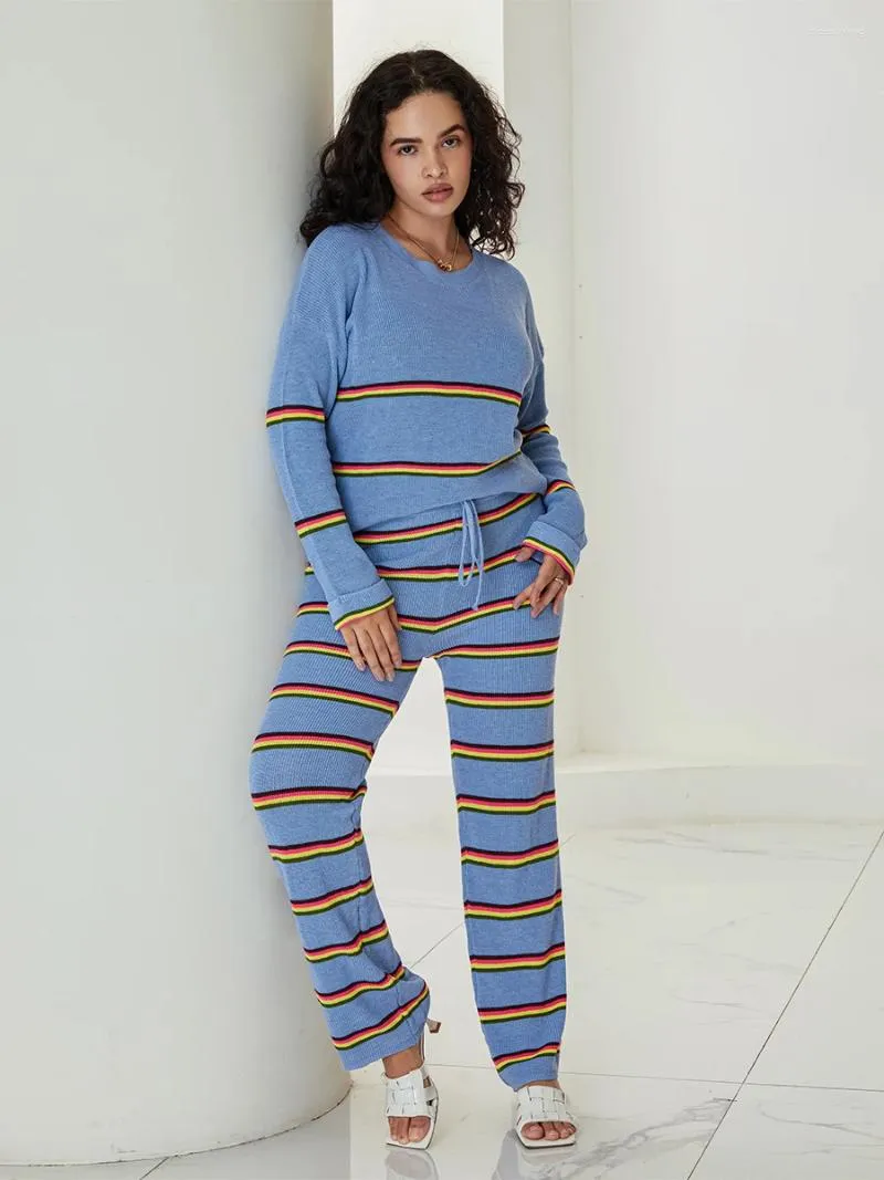Pantalon femme 2 pièces tenues en tricot ensembles rayé à manches longues pull pull haut jambe large décontracté assorti salon