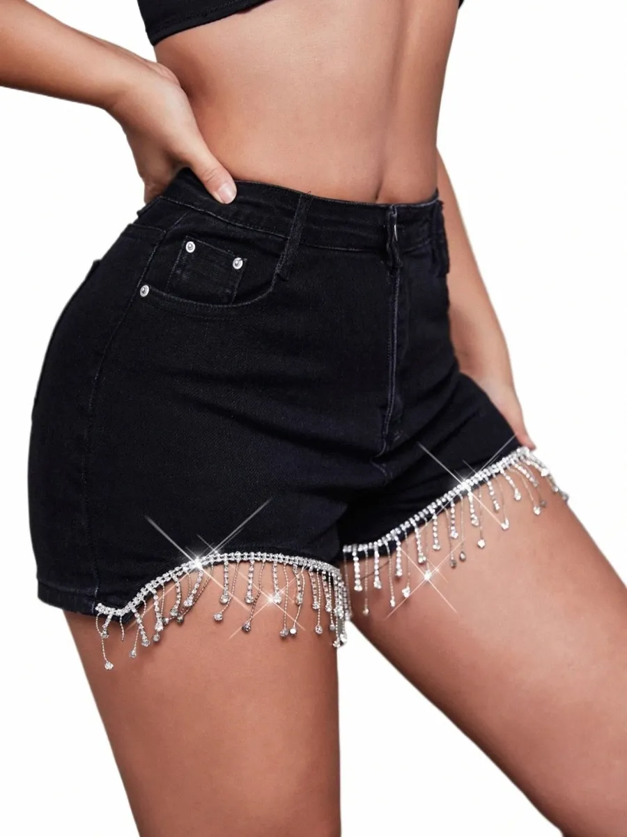 2023 Kobiety Sexy fi Slim Street Party Rhineste Tassel Trimmed Denim Shorts F0xy#