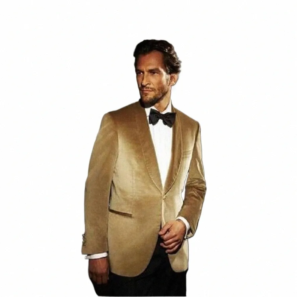 Bröllopsmän passar Slim Fit Gold Veet Two Butt Blazer Set Custom Large Size Gentleman Costume 2 Pieces Party Elegant Dr H3YD#