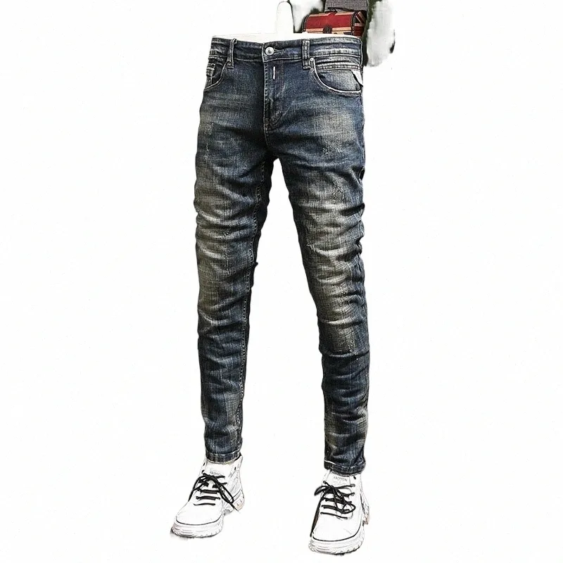 Fi Streetwear Hommes Jeans Rétro Noir Bleu Élastique Slim Fit Ripped Jeans Hommes Broderie Designer Vintage Casual Denim Pantalon u5mM #