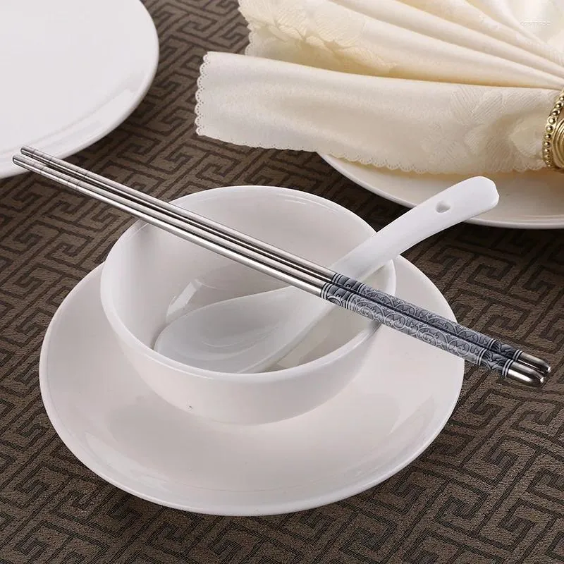 Pauzinhos de aço inoxidável polimento de água não magnético azul e branco porcelana impressa utensílios de mesa em conjuntos duplos únicos
