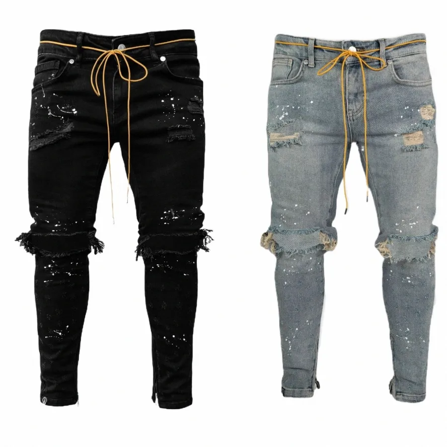 Hommes Jeans Stretch Détruit Ripped Paint Point Design Fi Cheville Zipper Skinny Jeans pour hommes i8YY #