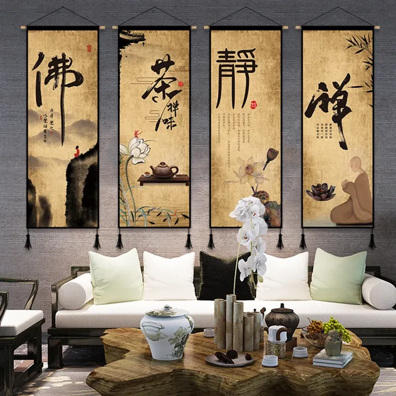 Imposta stile cinese Buddista Zen Wall Art Poster Pittura a inchiostro Paesaggio Tela Pittura Soggiorno Legno Scorrimento Appeso a parete Decor